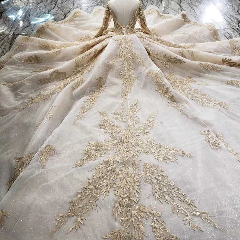 LS11555 Luxury Wedding Dress With Veil Backless Handmade Champagne Golden Lace Bridal Gown Long Train | Свадьбы и торжества