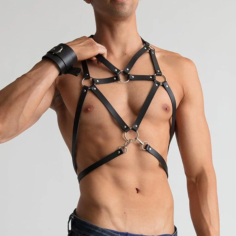 New Fetish Gay BDSM Bondage Men Sexy PU Leather Harness Male Lingerie Adjustable Sexual Body Punk Style Belts Harajuku For Adult