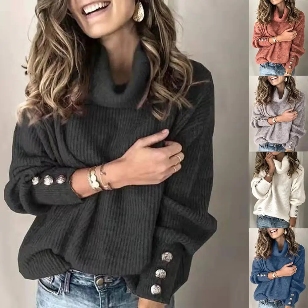 

Women's Turtleneck Pullover Autumn 2021 Fashion Solid Color Long Sleeve Casual Button Knitted Sweater