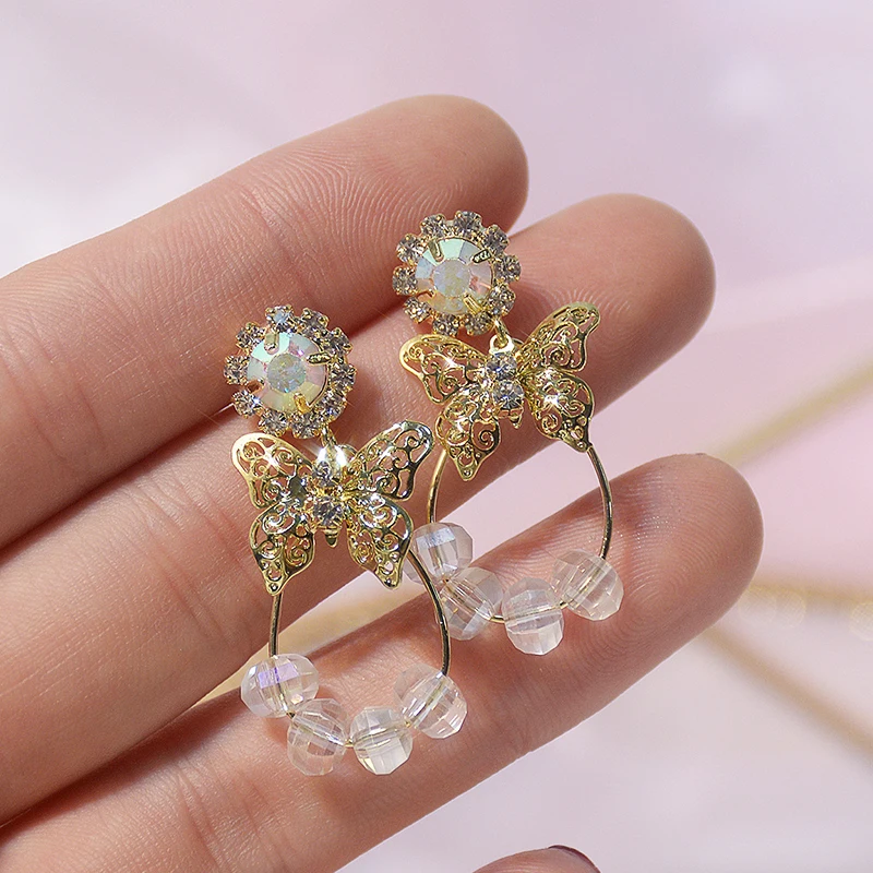 

Korean Hot 14k Real Gold Jewelry Crystal Butterfly Earrings for Women Top High Quality Zirconia S925 Silver Needle INS Hot Gift