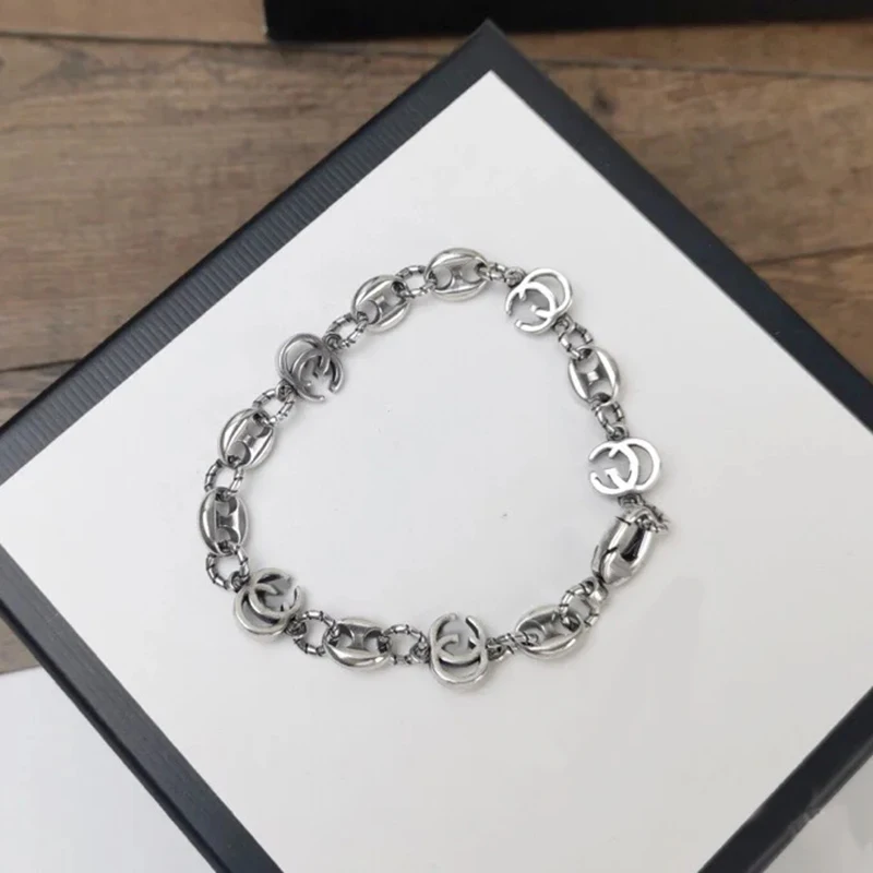 

925sterling Silver Pig Nose Double G Hand Chain Cuba Retro Trend Hip Hop Men Women Hand Chain Jewelry Personality Free Shipping