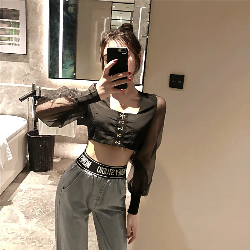 2019 осенний Новый женский костюм из органзы сетчатый лоскутный сексуальный