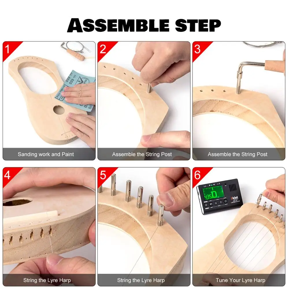 

Kmise Lyre Harp 7 String DIY Kit Make Your Own Bass Wood with String Saddle String Post Tuning Wrench