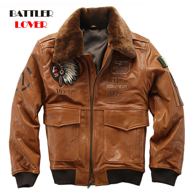 

Embroidery Indian Skull Genuine Sheepskin Leather Jacket For Men Casual Wool Collar Air Flight Pilot Coats Male Winter Overcoats