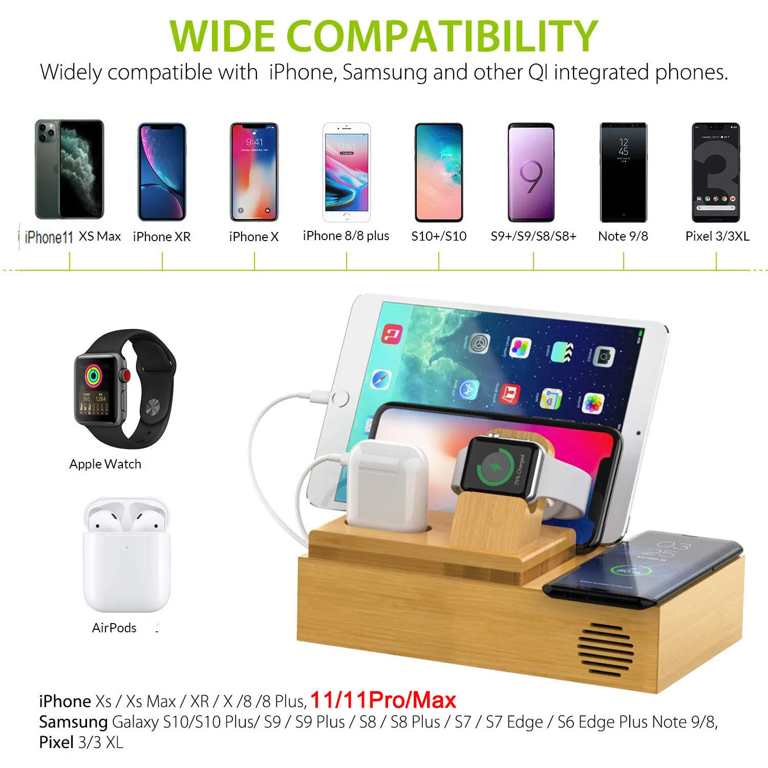 Бамбуковая зарядная станция с 4 USB портами и беспроводным зарядным устройством