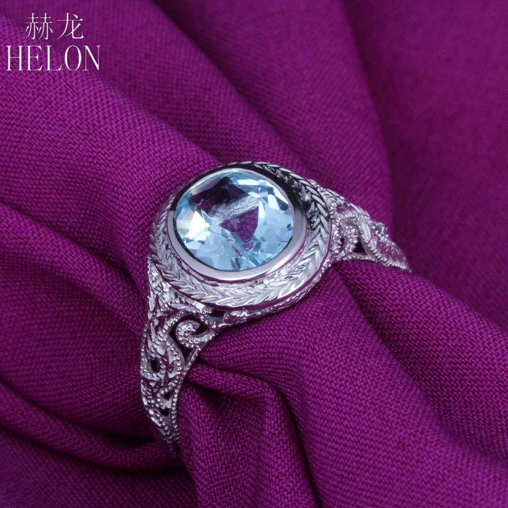 

HELON Solid 14K White Gold OVAL 9x7mm 100% Genuine Natural Blue Topaz Engagement Wedding Ring Women Vintage Trendy Fine Jewelry