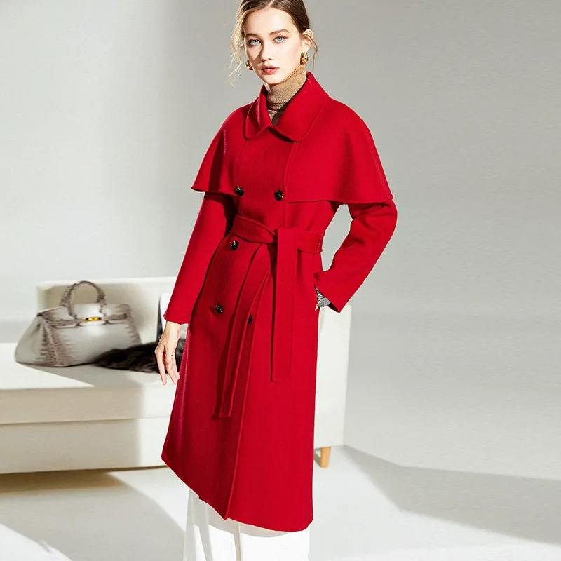 

Red Double-sided Wool Coat 2021 Autumn Winter Double Breasted Thickened New Waist Closing Cloak Lapel Cashmere Jacket Women