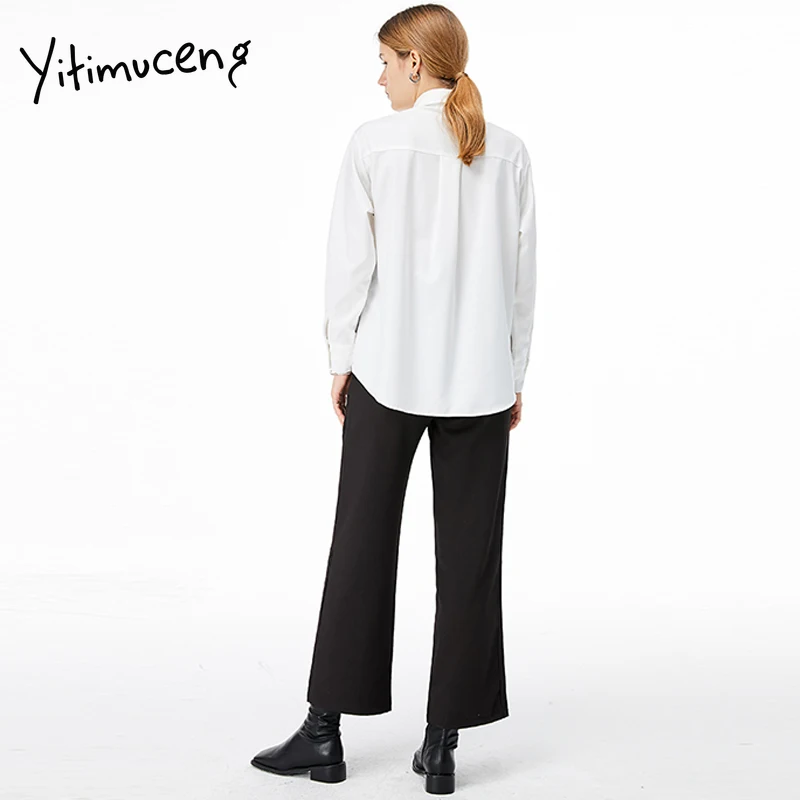 

Yitimuceng Women Blouses Fake Two Pieces Button Up Shirt Korean Fashion Plus Size Long Sleeve Tops Bow Patchwork 2021