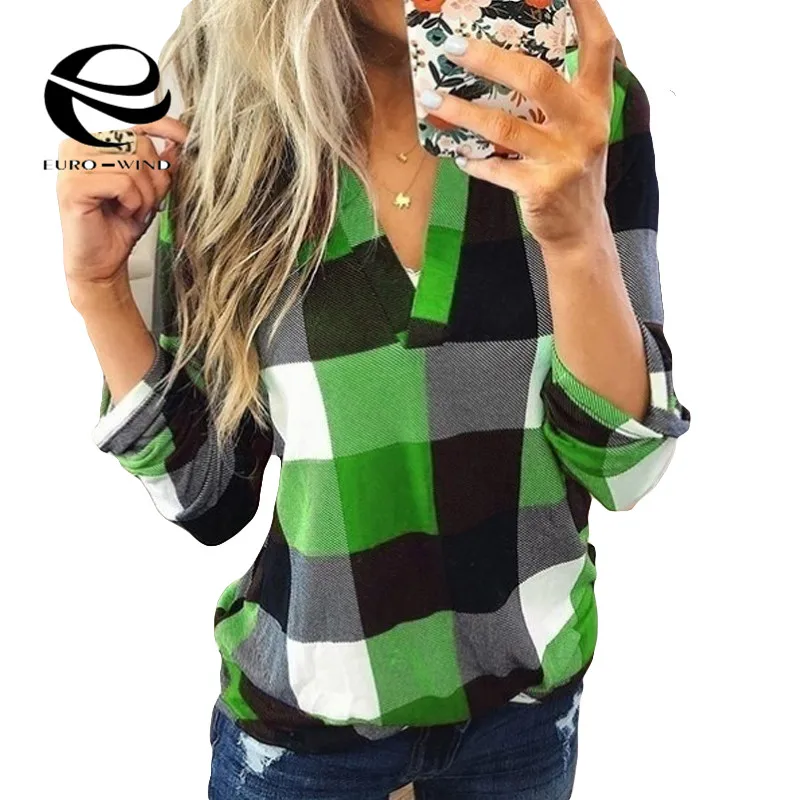 Plus Size 5XL Women Tops and Blosue 2019 Autumn New Long Sleeve V Neck Plaid Blouses Female Casual Loose Shirts Blusas |