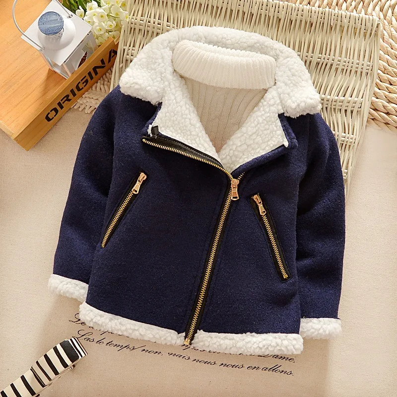 

Winter Wool Kids Boys Infant Girl Clothing Toddler Thicken Solid Color Zipper Lapel Coats for Baby Boys Handsome Fashion Jackets