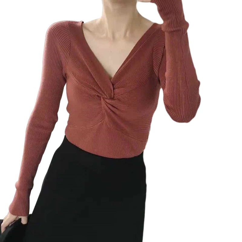 Женский свитер в полоску с длинным рукавом и V-образным вырезом | Женская одежда