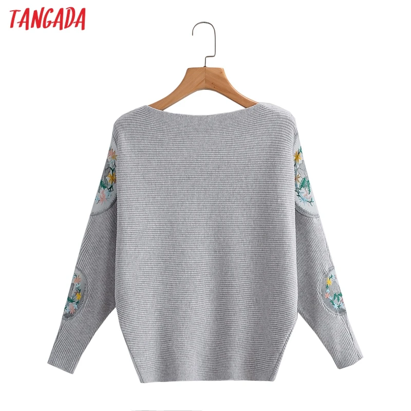

Tangada Women Mesh Embroidery Oversized Knitted Sweater Jumper Slash Neck Pullovers Chic Tops 1F315