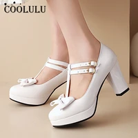 coolulu t tied platform super high heels woman shoes bow chunky heel dress pumps buckle round toe female footwear white size 46