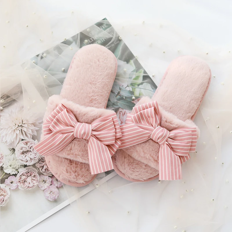 Wholesale Promotion Plush bow Slippers Cute Funny Home Slipper House Shoes for Women Men