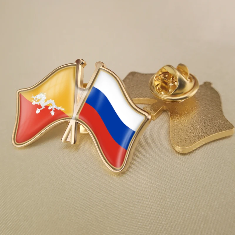 

Bhutan and Russian Federation Crossed Double Friendship Flags Lapel Pins Brooch Badges