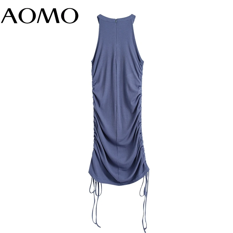 

AOMO Women Solid Color Side Pleated Halter Dress Strap Sleeveless 2021 Fashion Lady Sexy Dresses Vestido BE968A