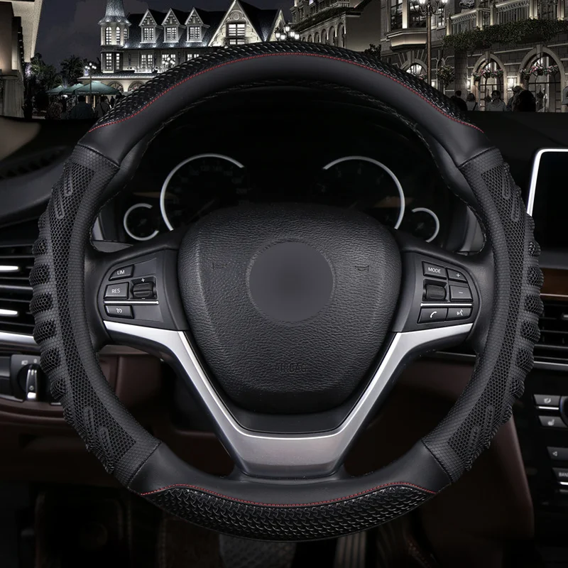 

Универсальный автомобиль из искусственной кожи Рулевое колесо Чехлы анти-скольжения Нескользящая прочная 38 см/15 "динамический волокна руч...