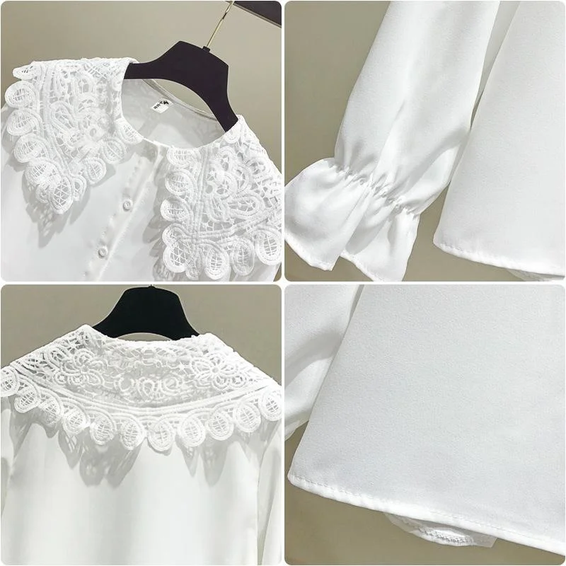 

Blouses Shirts Women Decorated with Lace Buttons Peter Pan Collar Sweet Simple Designed Students Lovely Womens n Style Chic