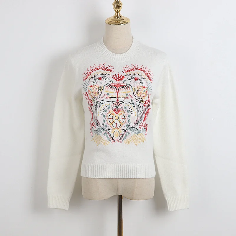 

Woman Sweaters Round Collar Flowers Embroidery Casual Long Sleeve Ladies Knitted Pullover Jumper High Street Fashion Traf Tops