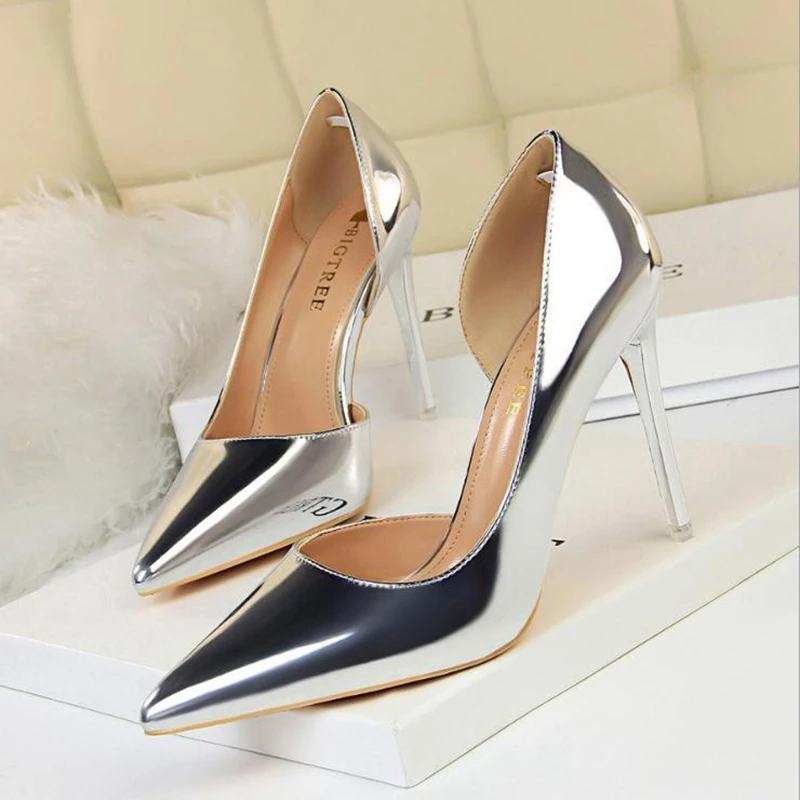 

2020 popular high-heeled shoes simple thin heeled metal heel high-heeled shallow pointed side hollow sexy single shoes