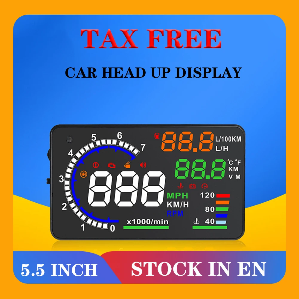 

5.5" A8 Hud Display Car Head Up Display OBDII Speed Warning Fuel Consumption Automobile Car Alarm System