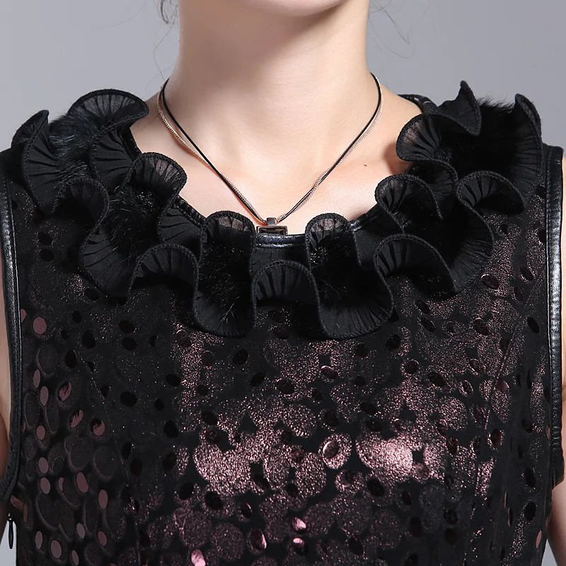 

Elegant Lady Genuine Leather Lace Floral Collar Dress For Women Retro Patchwork Sleeveless Pleated Office Formal Party Vestidos