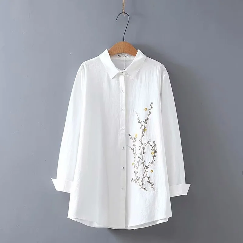 

Plus Size Women's XL-4XL Cotton&Linen Long Sleeve Blouses Floral Embroidery Blouse