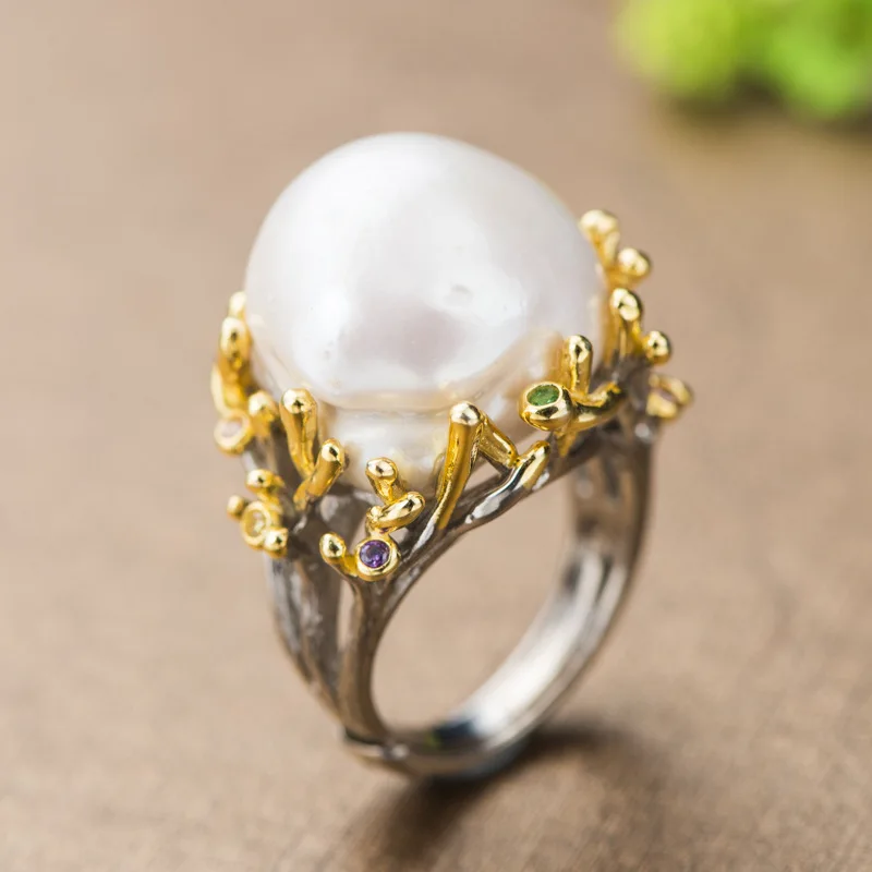

Earring925 Sterling Silver Exaggerated Creative Flower Natural Freshwater Pearl Rings For Womens JewelryRings