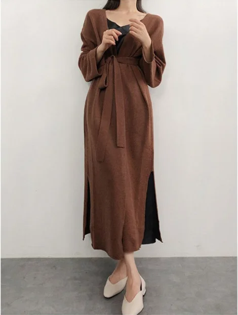 New Vintage Knitting Cardigan Sweater Women Dress Winter Long Knitted Dresses loose Oversize Lady Robe Vestidos |