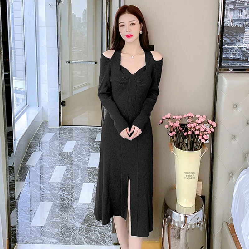 Осеннее длинное стильное платье-свитер с длинным рукавом соблазнительное