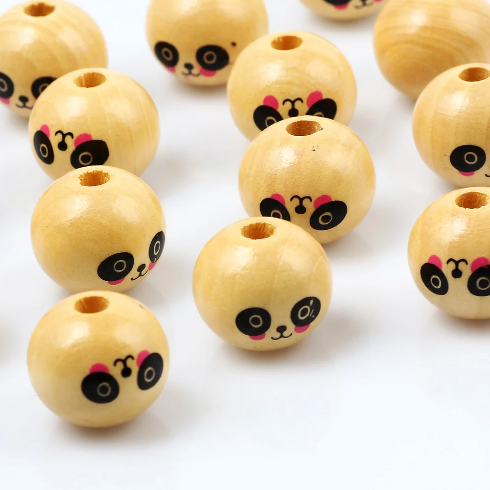 

10PCS 20MM Natural Wood Panda/Cat Pattern Round Beads For Loose Beads For Children's Toys Jewelry Necklaces Bracelets