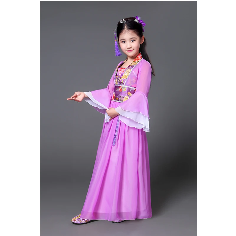 Hanfu древний китайский традиционный костюм для девочек, сценическое платье для танцев, Женский костюм феи в народном стиле, костюм Танга для детей - Цвет: Purple