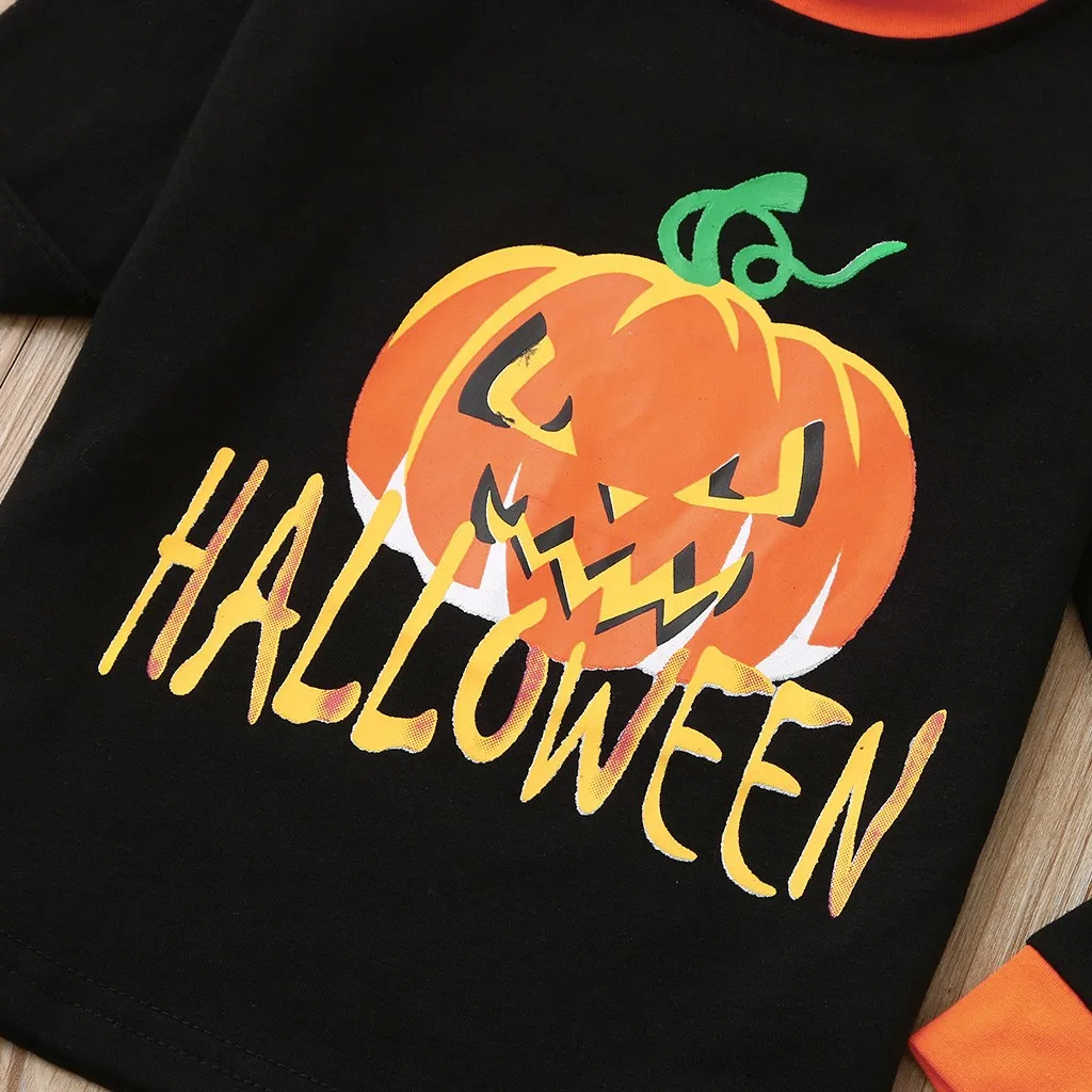 TELOTUNY Boys Clothes Round Neck Infant Cartoon Pattern Toddler Halloween Child Pumpkin Print Long sleeve T-shirt Tops+Pants Set |