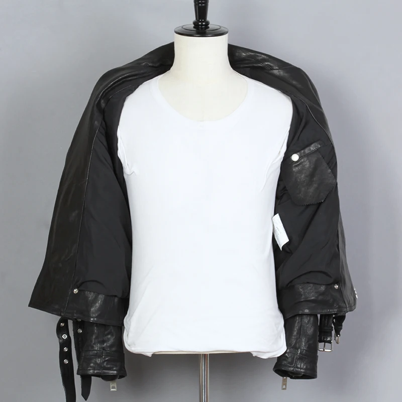 Натуральная модная кожаная мужская Черная байкерская куртка из овчины с