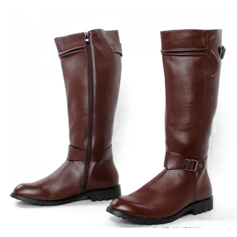 

2022 New Arrival High Top PU Leather Shoes Men Round Toe Motorcycle Boots Brown Buckle Cowboy Trending 44cm Leisure Knee Botas