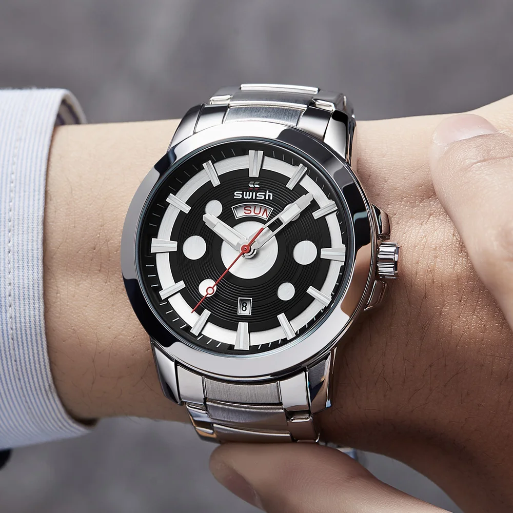 

SWISH Man Watches 2021 Modern Fashion Black Quartz Wristwatches Waterproof Stainless Steel Luminous Male Sports Military Clocks