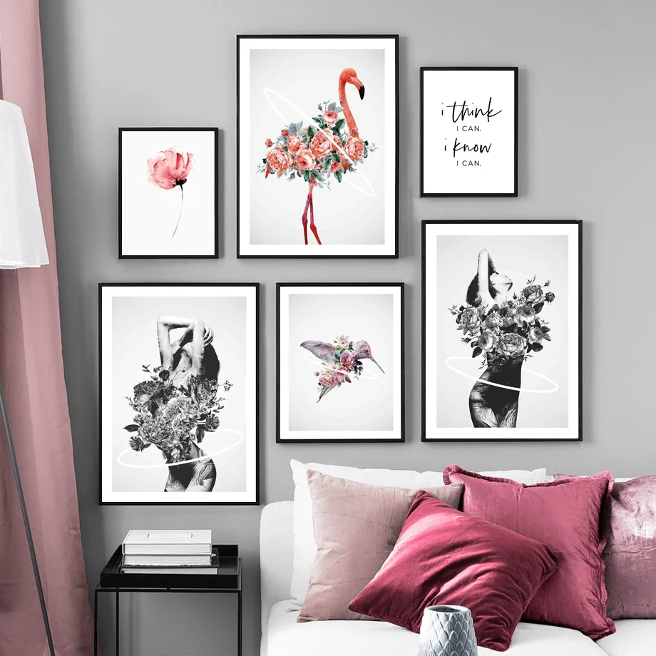 

Flamingo Rose Hummingbird Girl Flower Wall Art Canvas Painting Nordic Posters And Prints Wall Pictures For Living Room Decor