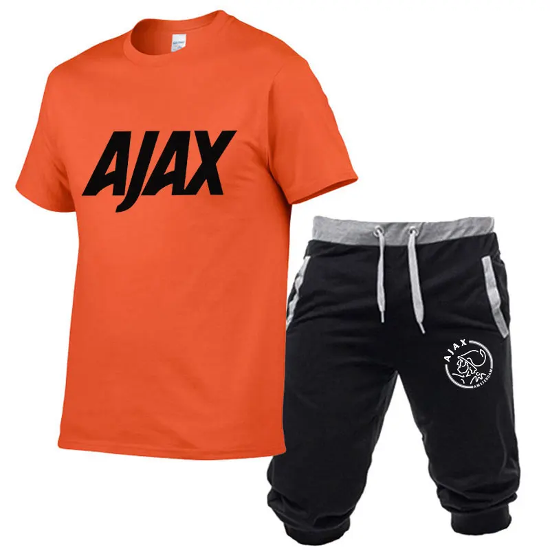 Модные футболки ajax, забавные мужские футболки+ шорты, два предмета, футболки с коротким рукавом, роскошные летние хлопковые футболки - Цвет: Orange