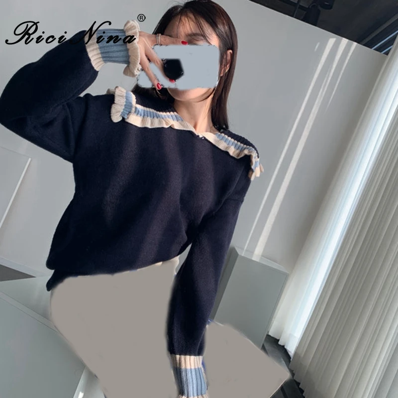 RICININA Knitted Sweater Women Soldier Collar Long Sleeve Ruffles Casual Sweaters Ladies Elegant 2020 Knitting Pullovers | Женская