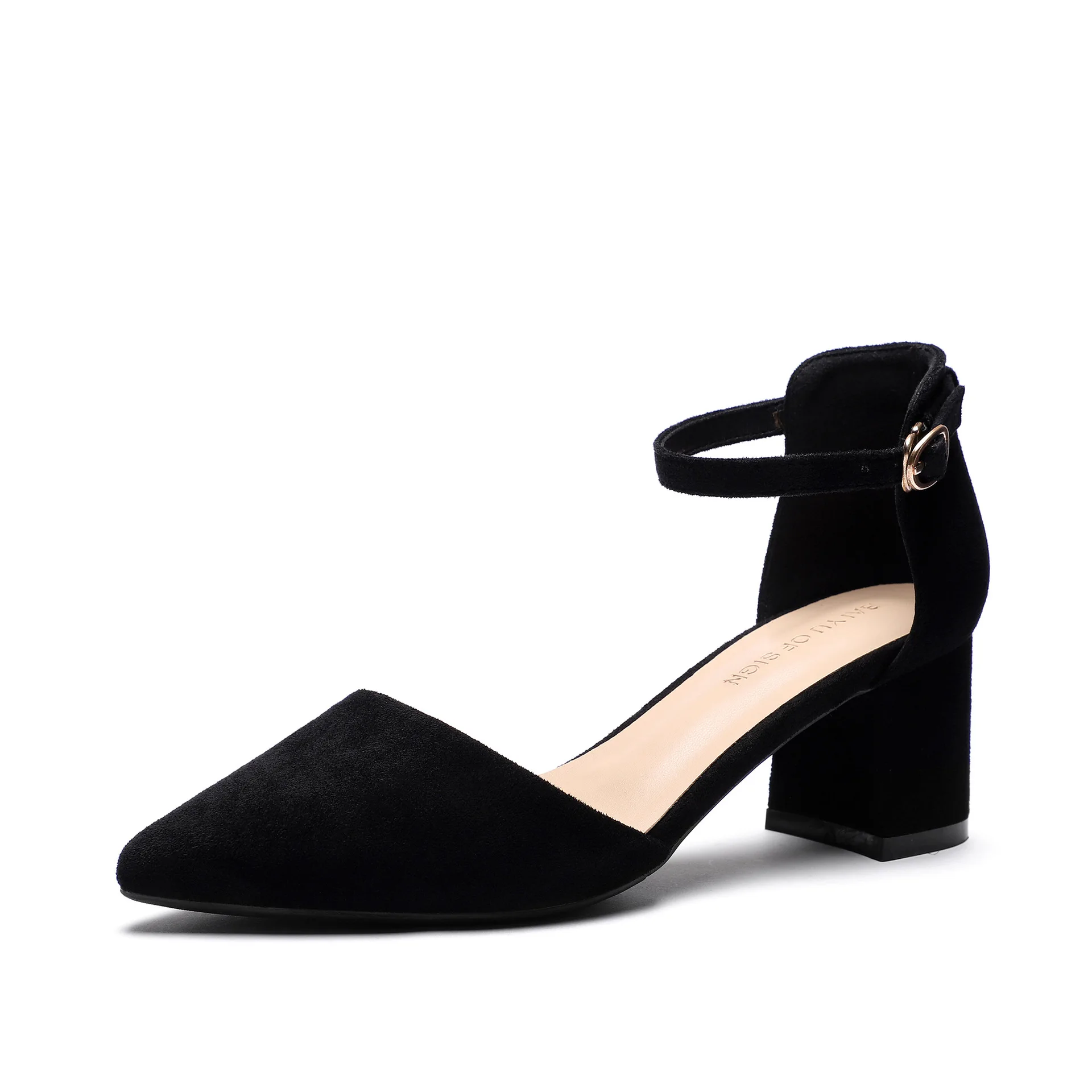 black6cm Обувь; женские туфли-лодочки из искусственной замши и флока с ремешком на щиколотке на высоком квадратном каблуке; женские элегантные босоножки с острым носком; свадебные туфли на каблуке - Цвет: black6cm