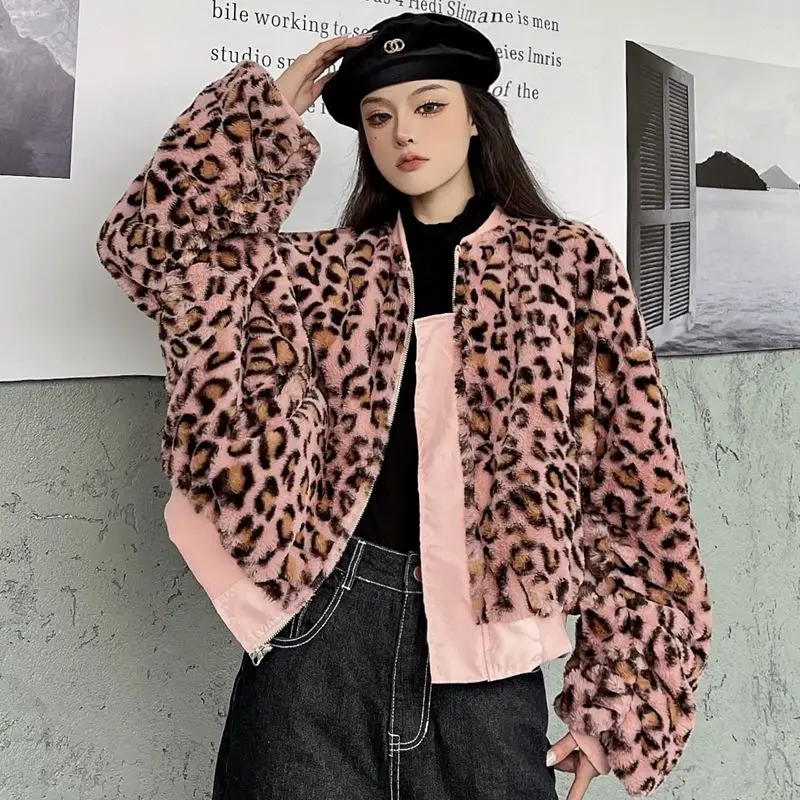 

Винтажная свободная плюшевая леопардовая куртка в стиле Харадзюку с длинным рукавом, зимняя двухсторонняя теплая утепленная розовая хлопк...