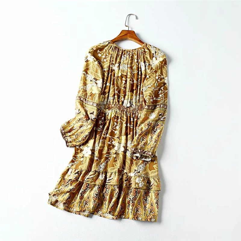 Женское платье с цветочным принтом длинным рукавом круглым вырезом и эластичной