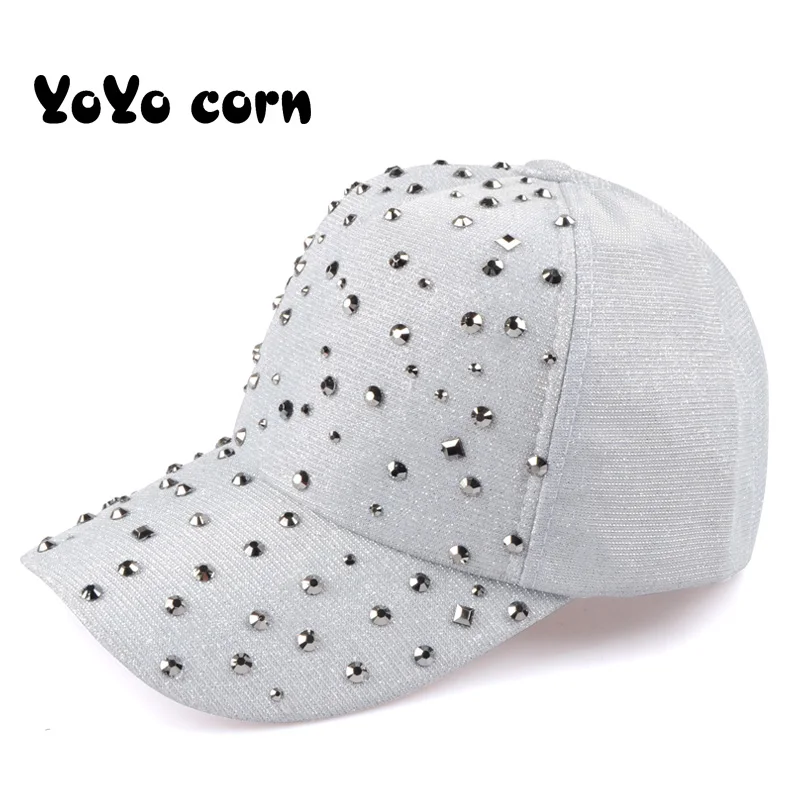 YOYOCORN модные женские Стразы Шапки Diamond Защита от солнца Кепки козырьком можно носить задом наперед бейсбольные кепки, однотонные летние Бейсбол Кепки s для девочек - Цвет: gray