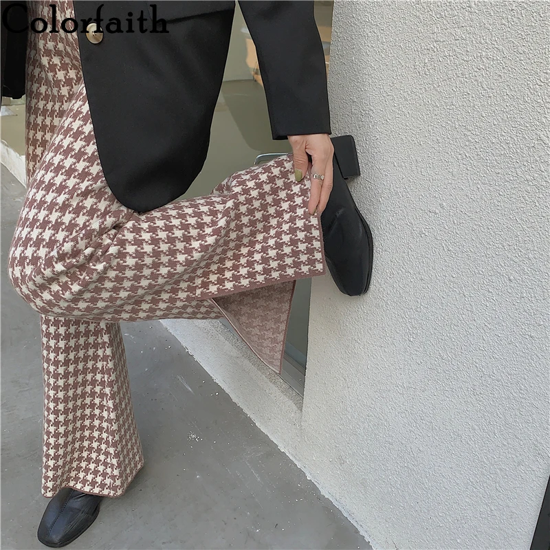 

Colorfaith New 2022 Knitting High Waist Wide Leg Checkered Split Spring Autumn Women Pants Vintage Ankle-Length Trousers P5194