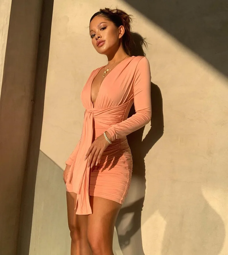 Двухслойное осеннее платье для женщин с глубоким v-образным вырезом и длинным