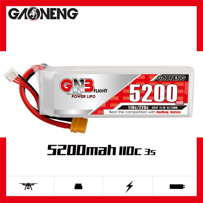 

Gaoneng GNB 5200mAh 11.1V 3S 110C/220C Lipo Battery With T/XT60/XT90 Plug For RC Helicopter Quadcopter FPV Racing Drone Parts