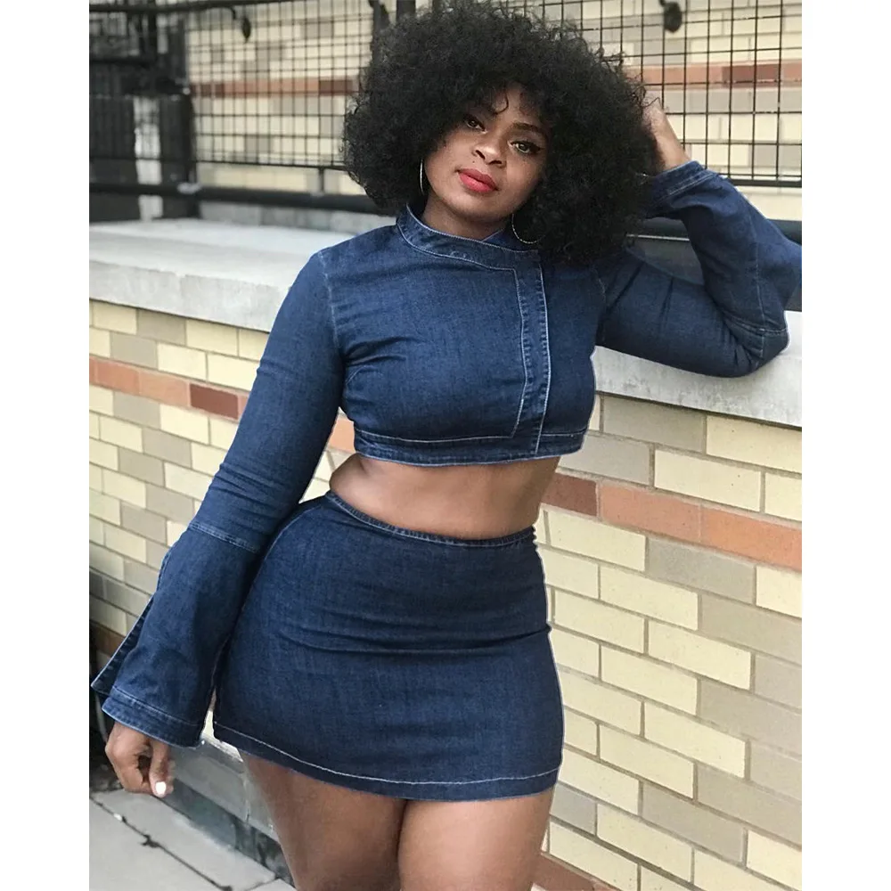 

Wholesale Two Piece Set Women's Jeans Material Nightclub Bell Sleeve Zipper Sexy Button Denim Skirt Two-Piece Suit Club Outfits