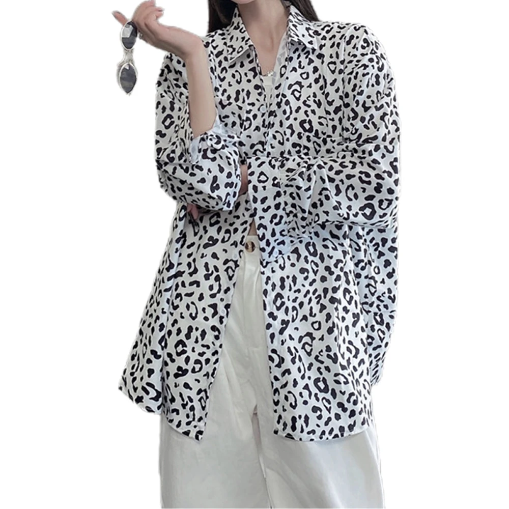

Рубашки в леопардовой раскраске кардиган с отложным воротником блузки на пуговицах Повседневная осенне-зимняя Свободная рубашка с длинным...