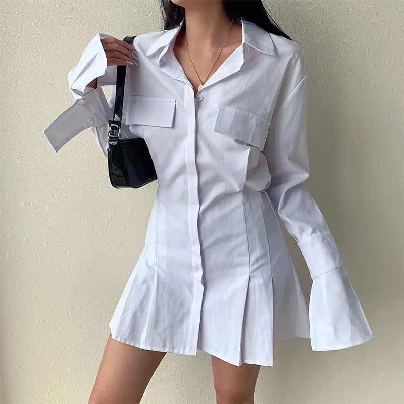 

Fall Trendy Long Sleeve White Pleated Shirts Women Casual Turn Down Collar Chiffon Blouse Office Lady A Line Style Vestidos Tops