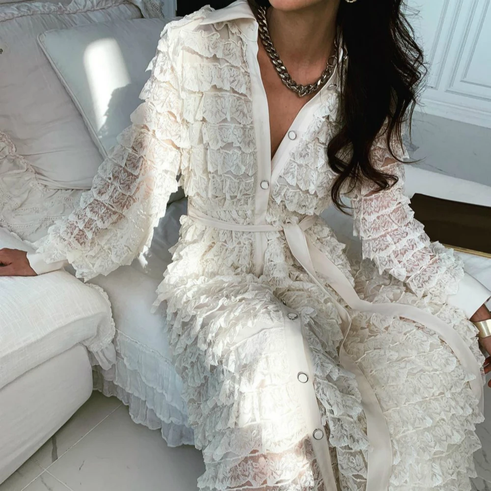 

2021 New Women Spring Long Shirt Dress Lace Patchwork V Neck Full Sleeve Slim Waist A-line Dresses